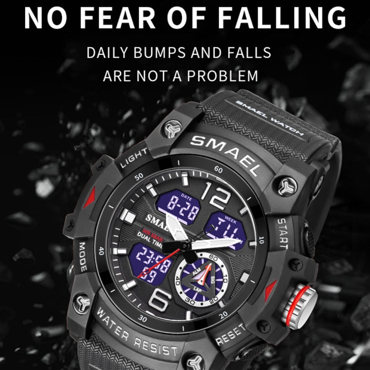 Black SMAEL waterproof quartz sports watch with textured strap and red-accent side button