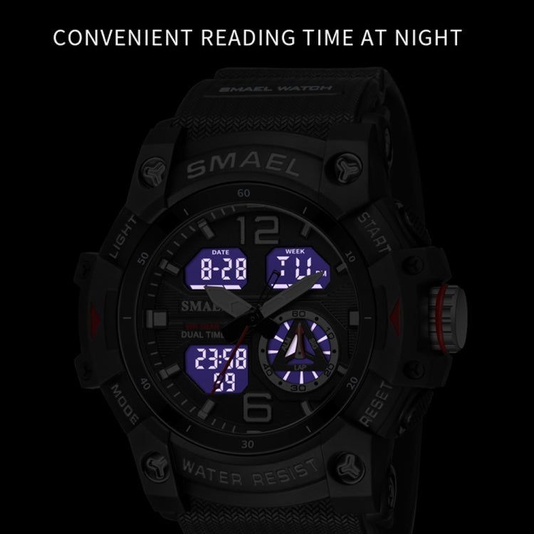 Black SMAEL quartz sports watch with blue luminous digital time displays