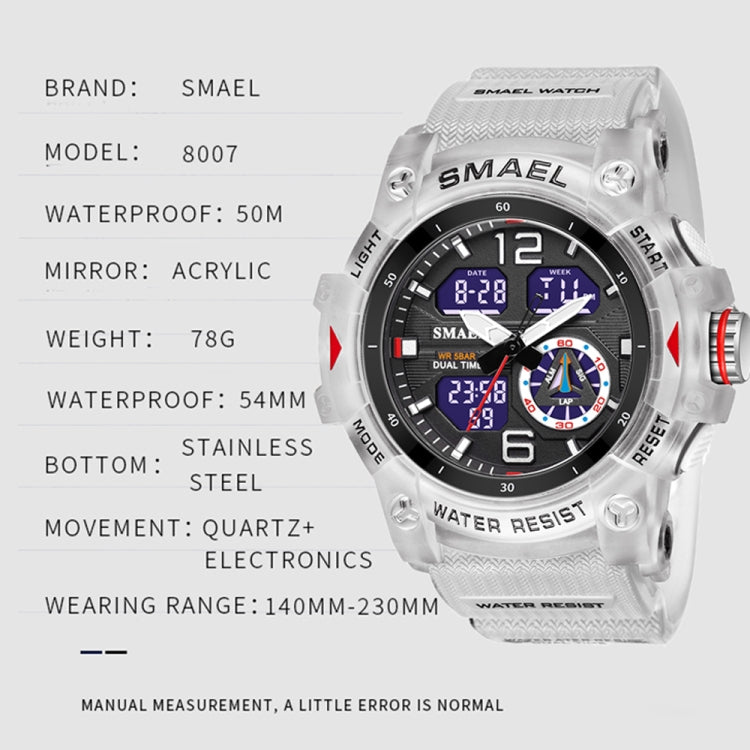 White SMAEL waterproof quartz sports watch with dual digital display and stainless case
