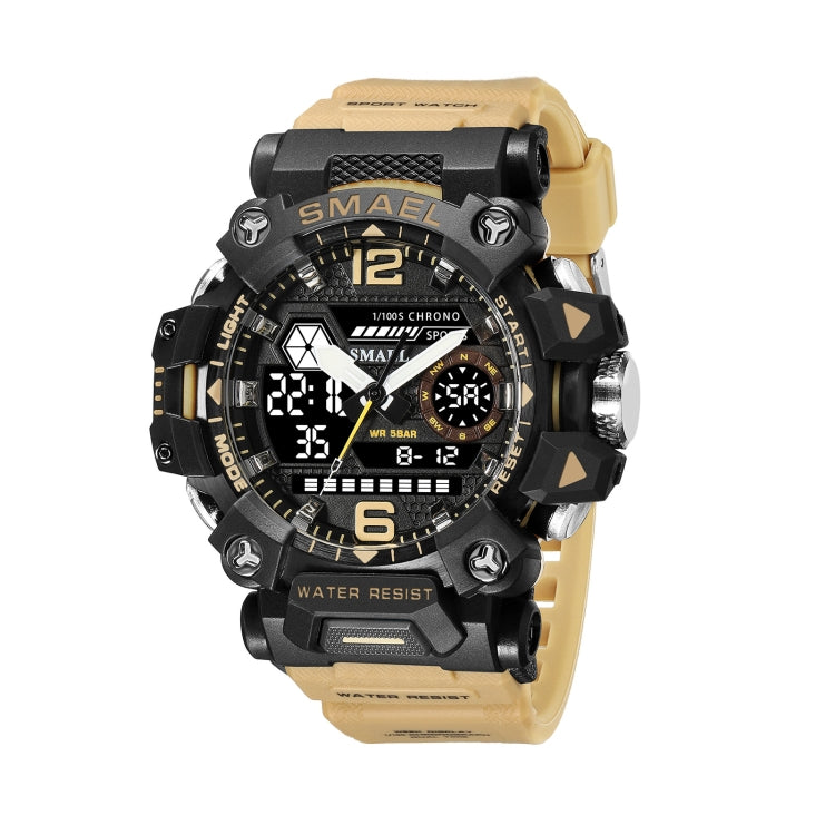 Men's dual-display digital sports watch with beige strap and black rugged case