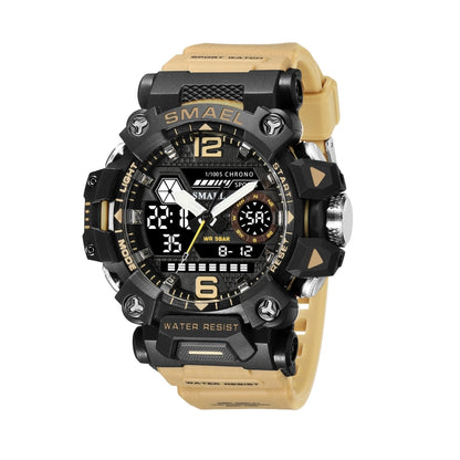 Men's dual-display digital sports watch with beige strap and black rugged case