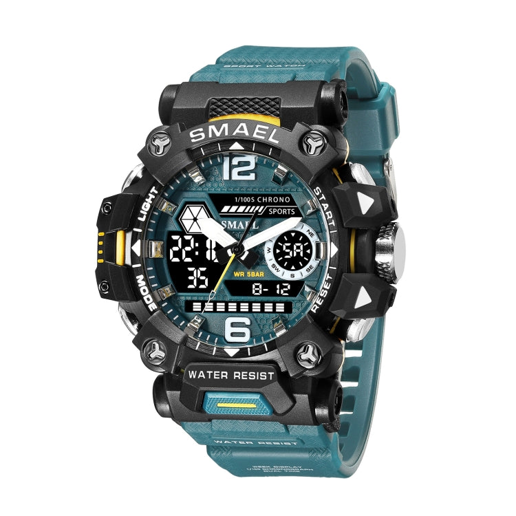Men's dual-display digital sports watch with teal strap and black rugged case
