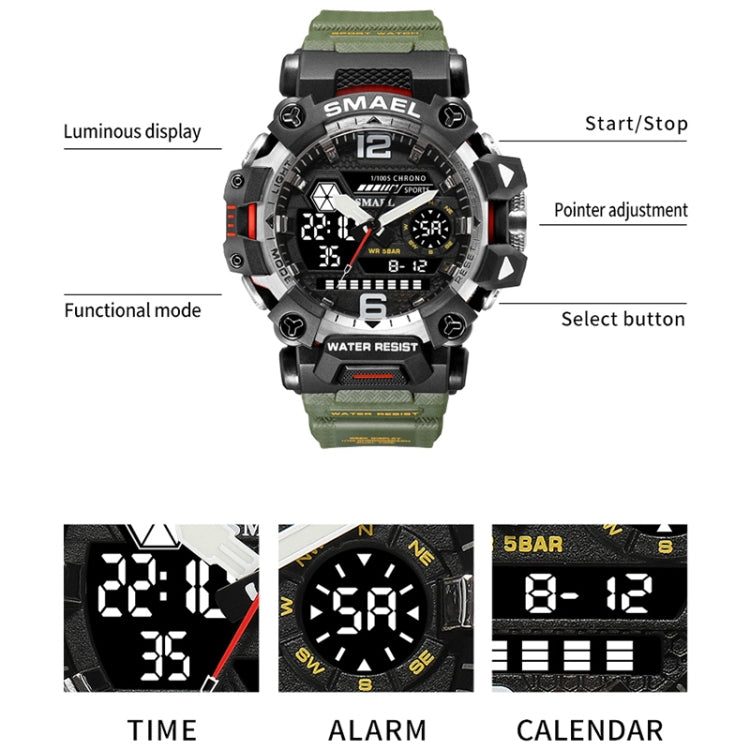 Men's dual-display digital sports watch with olive strap and large round face