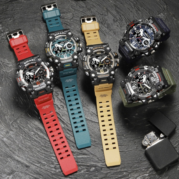 Set of men's dual-display digital sports watches with red, blue, teal, and beige straps