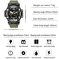 Men's rugged electronic watch with green strap, dark case, dual display and buttons