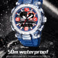 Men's sports electronic watch with blue silicone strap and silver bezel, multi-function dial