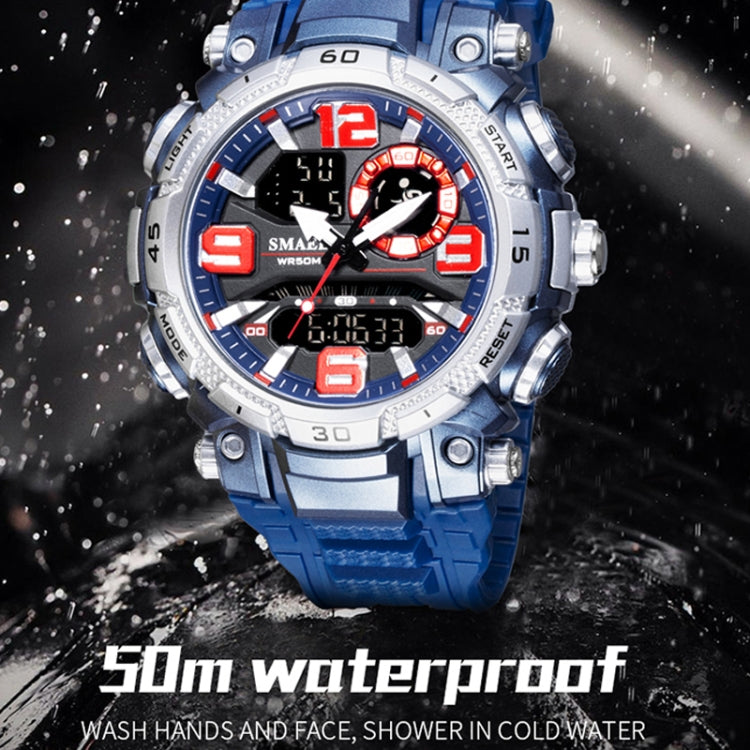 Men's sports electronic watch with blue silicone strap and silver bezel, multi-function dial