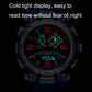 Men's sports watch with glowing green digital and analog-style dial on dark face