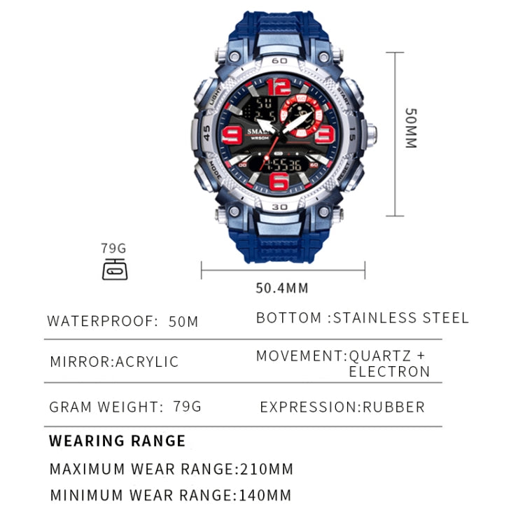 Men's sports electronic watch shown with size diagram, blue strap and silver rugged case