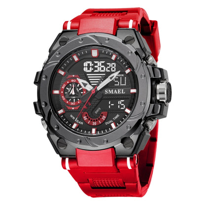 Men's sports alloy watch with red rubber strap and dark rotating bezel