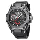 Men's sports alloy watch with black rubber strap and dark multifunction dial