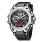 Men's sports alloy watch with silver bezel and dark dial on black rubber strap