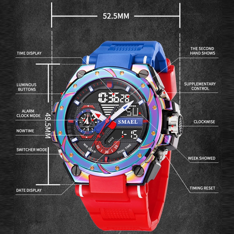 Men's sports alloy watch with blue rubber strap and iridescent bezel detail