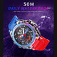 Men's sports alloy watch with blue strap and colorful bezel on dark dial
