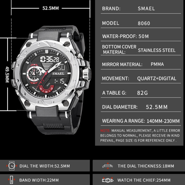 Men's sports waterproof watch, stainless steel case, dark strap, red/black digital dial