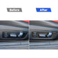 Carbon-fiber seat switch sticker set, shown on car door panel before/after
