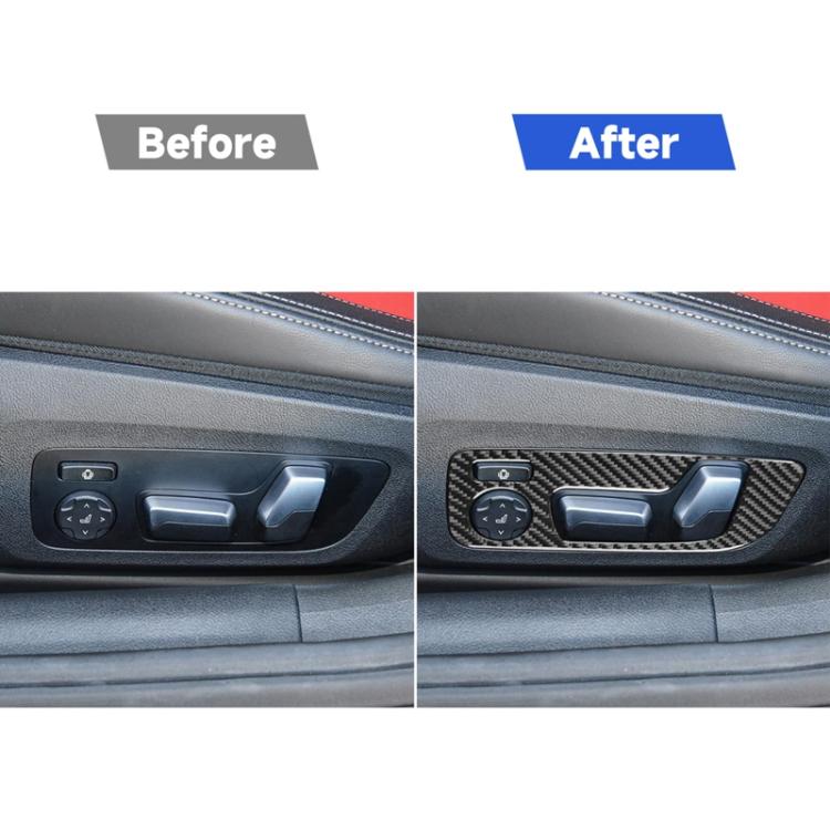 Carbon-fiber seat switch sticker set, shown on car door panel before/after