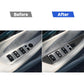 Black carbon-fiber switch trim stickers on car door panel, before-after view
