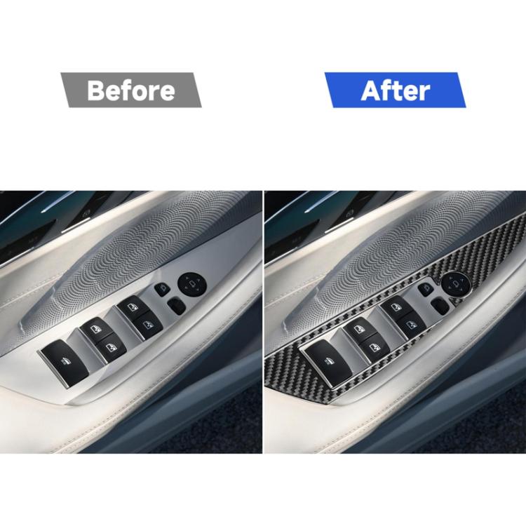Black carbon-fiber switch trim stickers on car door panel, before-after view