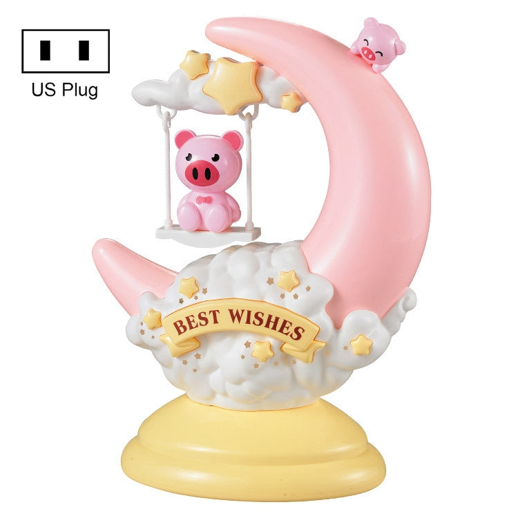 Pink moon table lamp with pig figures, kids night light, US plug.