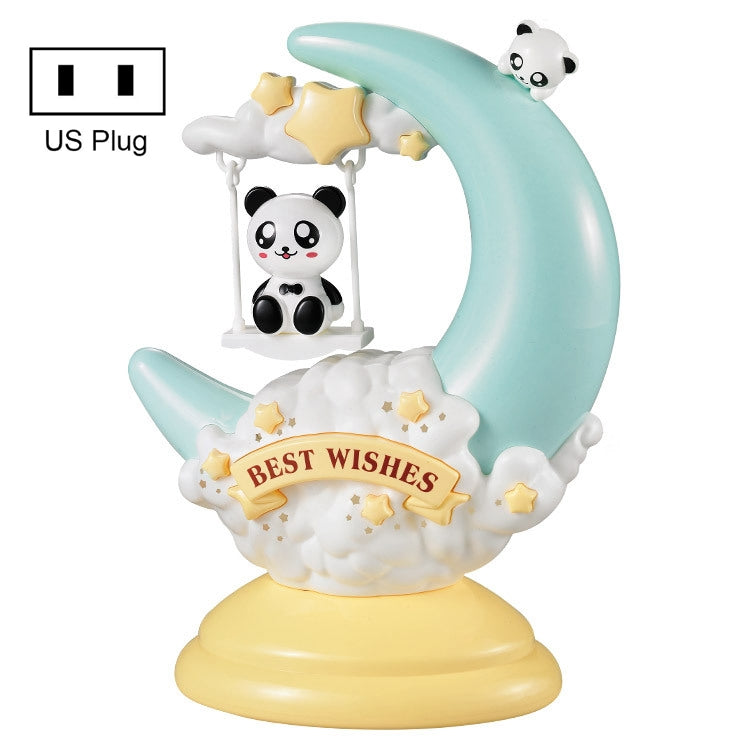 Light blue moon table lamp with panda figures, kids night light, US plug.