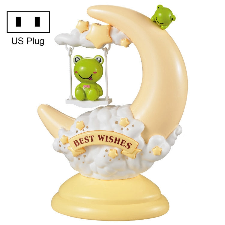 Cream moon table lamp with frog figures, kids night light, US plug.
