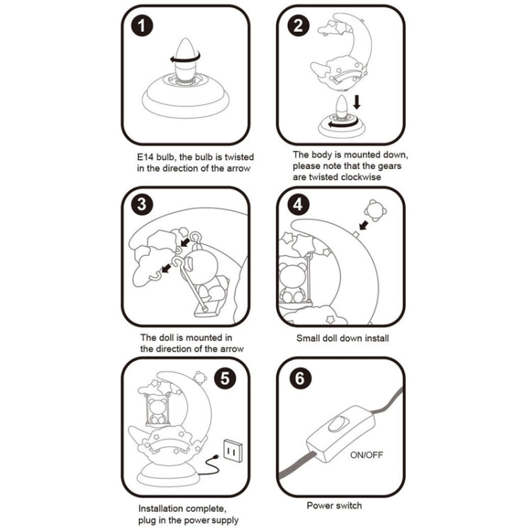 Step-by-step setup diagram for moon table lamp night light power switch
