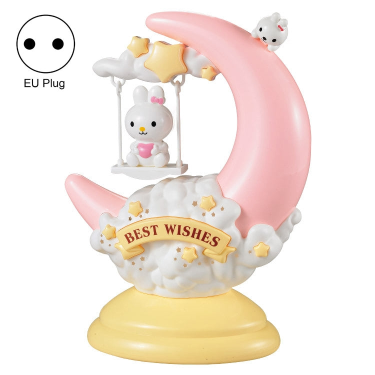 Pink moon table lamp with rabbit figures, kids night light, EU plug.