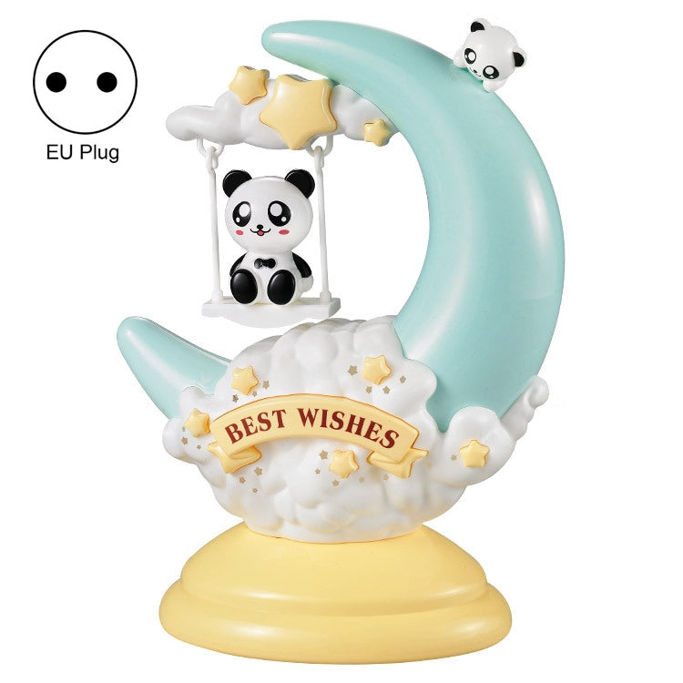 Light blue moon table lamp with panda figures, kids night light, EU plug.