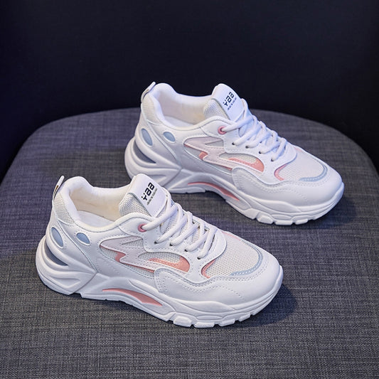 White leather-mesh casual sneakers with orange-red accents, lace-up, chunky sole