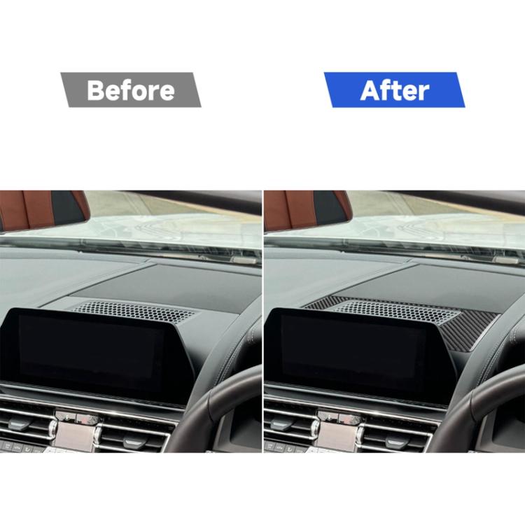 Dashboard speaker frame sticker installed, showing textured carbon fiber grille surround
