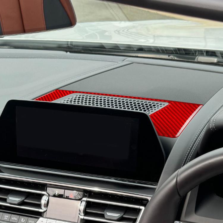 Installed red carbon fiber dashboard speaker frame sticker with perforated speaker grille