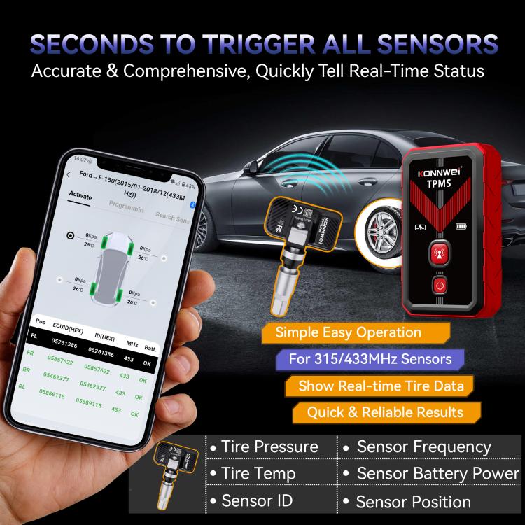 KONNWEI Tire Pressure Monitoring System Connector Supports Bluetooth Version 5.2, TK100+Sensor+OBD