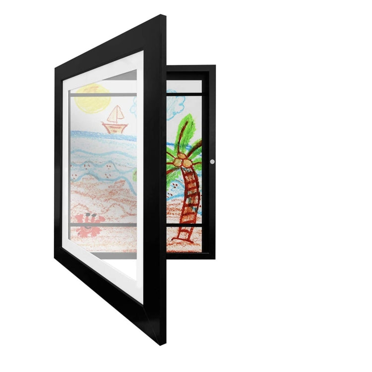 Black magnetic front-open art frame with visible inner panel and colorful kid drawing