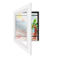 White magnetic front-open art frame with inner panel showing colorful kids artwork