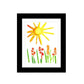 Black framed kids art print with sun and flower watercolor-style design