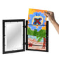 Black magnetic front-open art frame with hand inserting colorful kids artwork