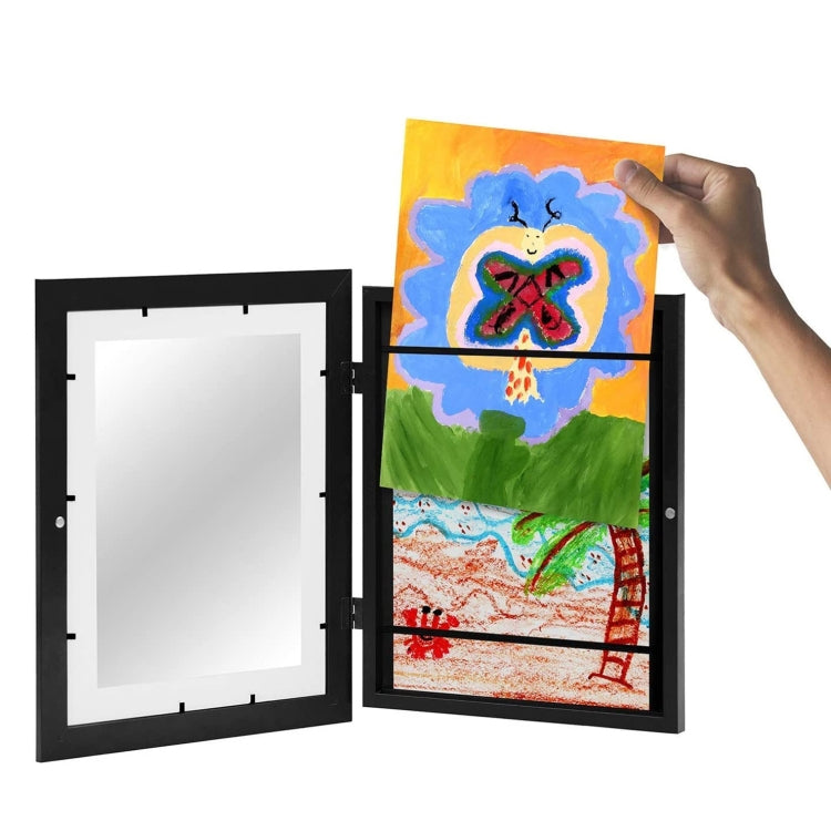 Black magnetic front-open art frame with hand inserting colorful kids artwork