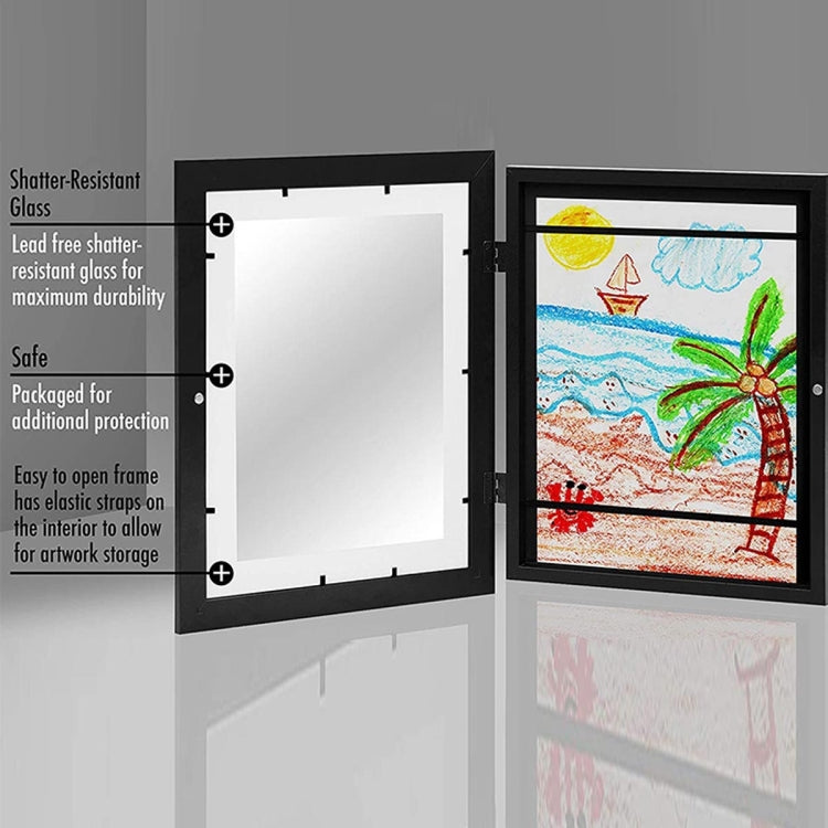 Black magnetic front-open art frame with clear insert and open back panel