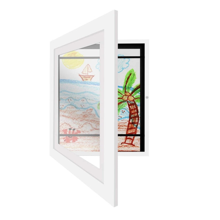 White magnetic front-open art frame shown slightly open with colorful drawing inside
