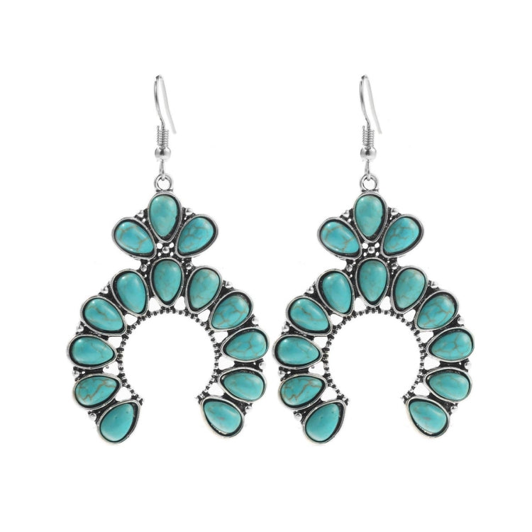 Turquoise scalloped fan hoop earrings with oval inlays and silver-tone hooks
