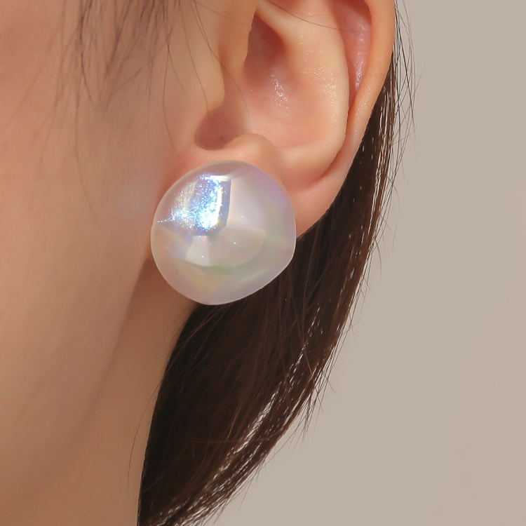 Large iridescent white pearl stud earring with smooth round face