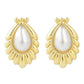 Gold-tone scalloped teardrop pearl stud earrings with white oval center