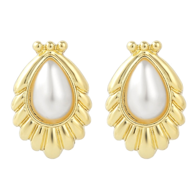 Gold-tone scalloped teardrop pearl stud earrings with white oval center