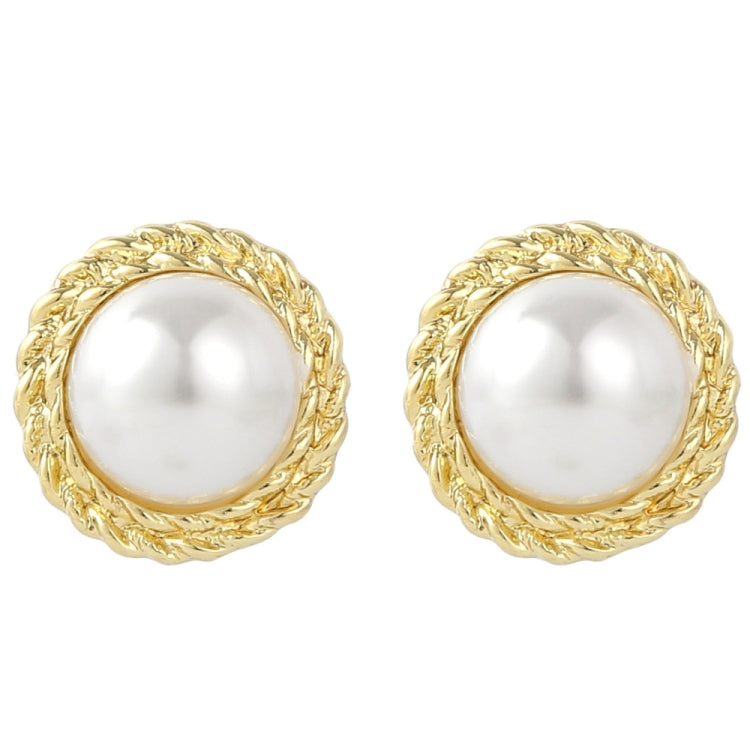 Gold braided oval pearl stud earrings with glossy white round center
