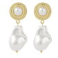 Gold round filigree stud earrings with white pearl drop