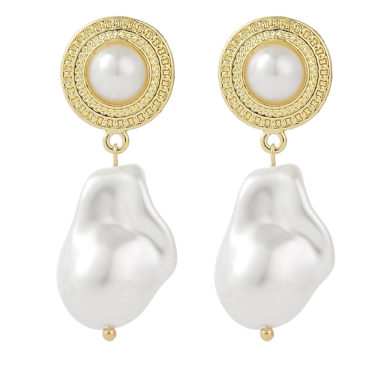 Gold round filigree stud earrings with white pearl drop