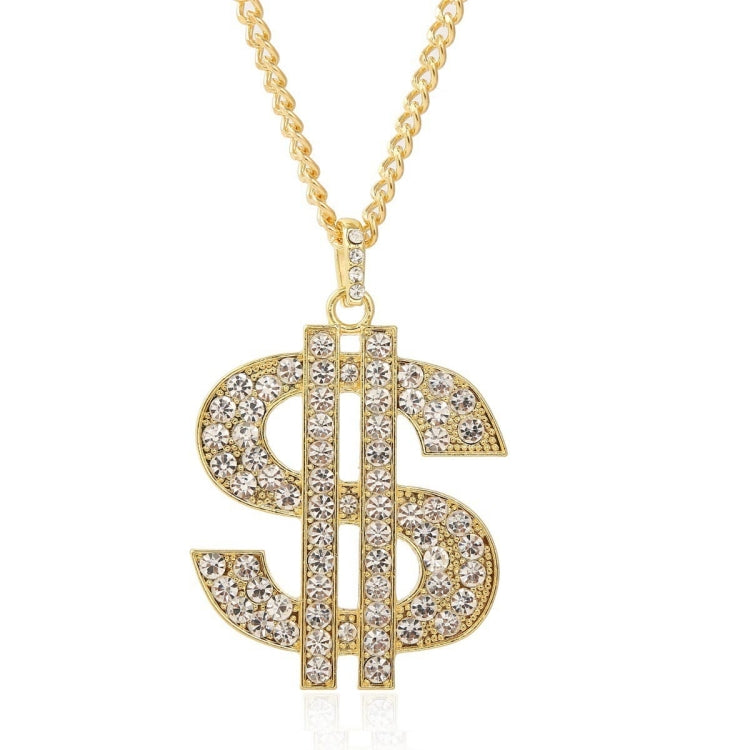 Gold chain necklace with gem-studded dollar sign pendant