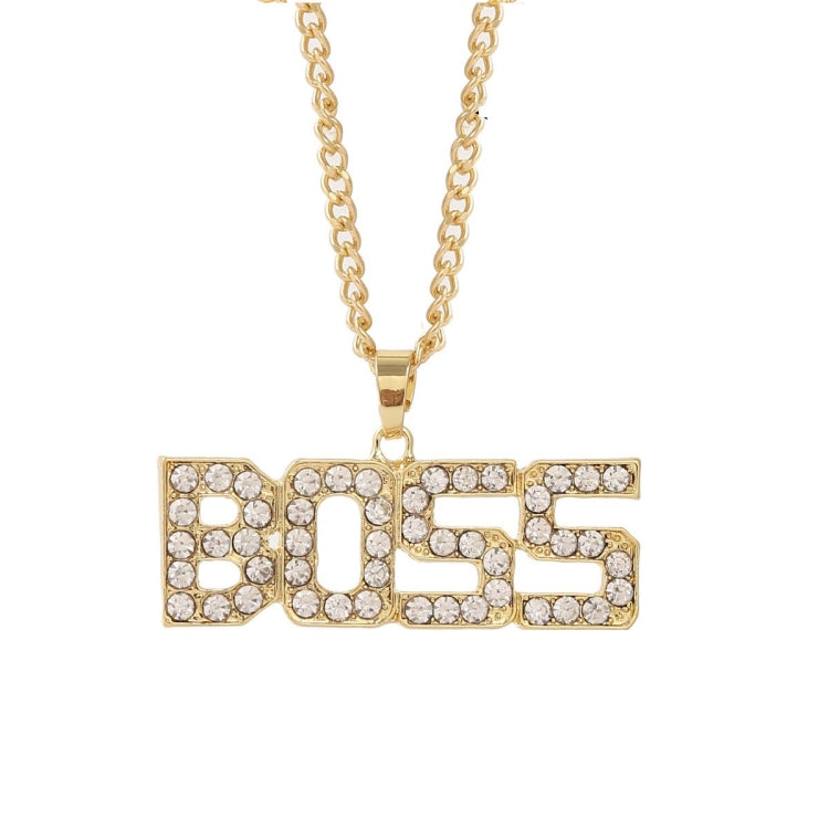 Gold-tone rhinestone chain necklace with large “BOSS” pendant