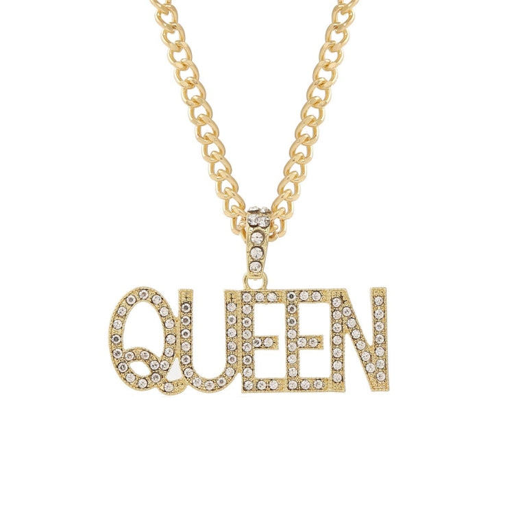 Gold-tone rhinestone chain necklace with “QUEEN” letter pendant